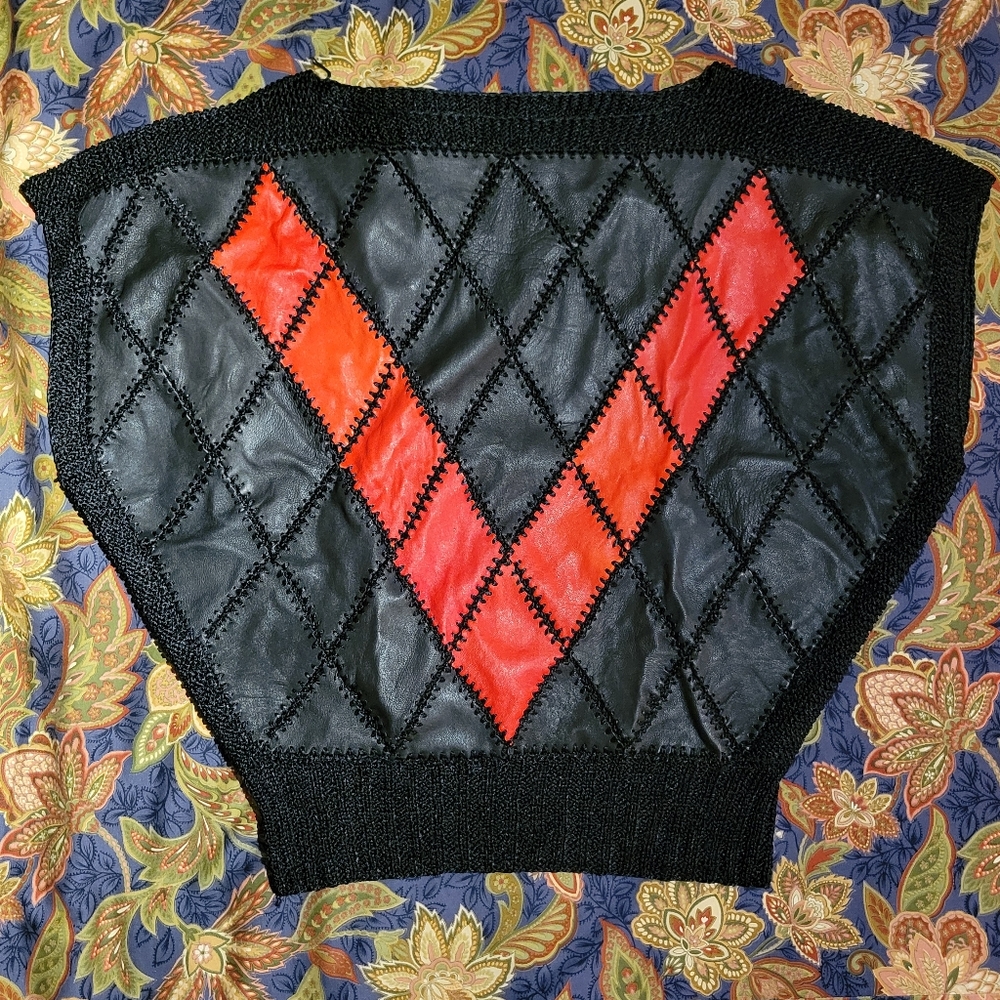 Vintage genuine leather and silk black patchwork blouse with red V pattern